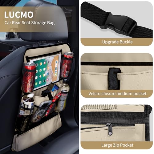 Image of LUCMO Car Backseat Organizer with Touch Screen Tablet Holder, Beige | 2 Pcs,9 Storage Pockets,Clear Tablet Holder,Protectors Kick Mats,Travel Accessories,Seat Cover,Road Trip Essentials