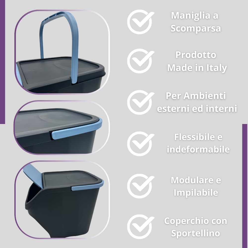 eacommerce - Pattumiera Contenitore 25L | Raccolta Differenziata | Bidone Modulare con Maniglia (Kit 3 Pezzi, Corpo Bianco)