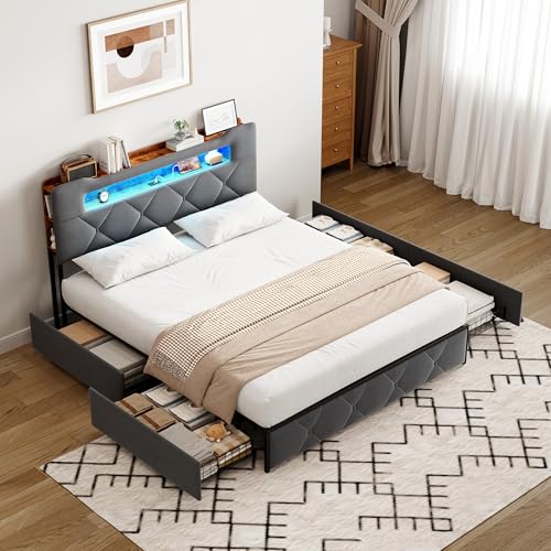 KeepGoon Cama de matrimonio de 160 x 200 cm con luz LED y puerto USB, cama tapizada con 4 cajones de hierro, compartimento de almacenamiento en el cabecero, somier de láminas, tela de franela, color