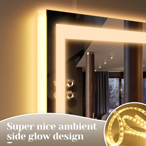 FENNIO Large Vanity Mirror with Lights,38" x 28" LED Makeup Mirror,Hollywood Mirror with 3 Color Modes & Adjustable Brightness,Vanity Mirror Square White