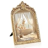 YUSONG Vintage Makeup Mirror for Tabletop - 8' Antique Gold Arched Desk Mirrors with Resin Frame Vanity Table Mirror for Bedroom Living Room Retro Decor