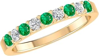 Lab Grown Emerald and Diamond Band - Solid 14k Gold or Sterling Silver - Fine Jewelry May Birthstone Ring for Women
