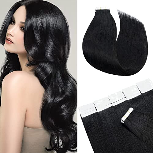 Silk-co Tape Extensions Echthaar Schwarz 10stk, Haarverlängerung Remy Tape In Extensions, Echthaar Tape Kleber Extensions Skin Weft, 25g 01# Jet schwarz 40cm