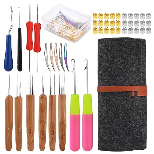 Dreadlock Crochet Hook, 48 Pcs Dreadlock Crochet Hook Tool, 6 Dreadlock Crochet Needle, Different Size Bent Latch Hook, Crochet Needle for Hair Braiding with Case and Dreadlocks Tool (Dark Gray)