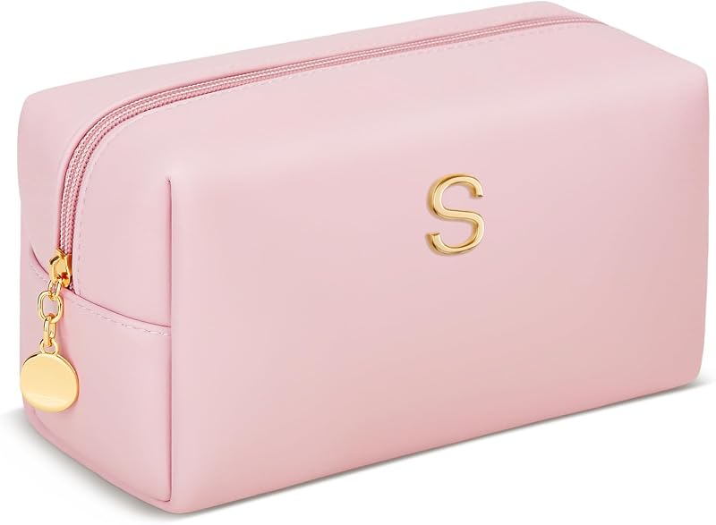 Necessaire de maquiagem KKXIU com inicial metálica, zíper, couro PU impermeável, rosa, modelo K-01886