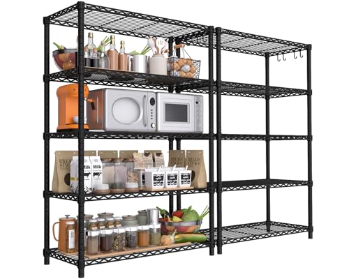 Image of PrimeZone Wire Storage Shelves, 5-Tier Adjustable NSF Metal Shelving, 2 PCS | Heavy Duty Steel Shelf, 1250 LBS Capacity, Kitchen Rack with 4 Hooks, 35.5 inchW x 14 inchD x 72 inchH for Kitchen, Pantry, Closet