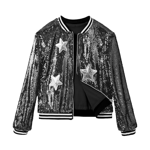 LOLANTA Girls Sequin Bomber Jacket with Pockets Zipper Long Sleeve Sparkle Baseball Jackets, Black, 11-12 Years, 160
