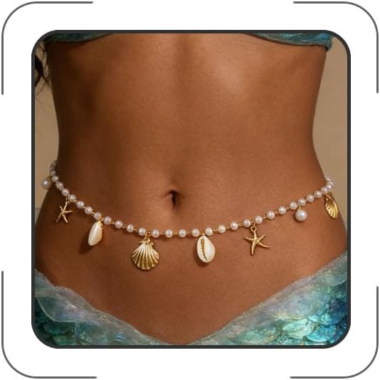 Gold Starfish Waist Chain for Women Mermaid Pearl Belt Body Chain Hawaiian Beach Bikini Body Jewelry Starfish Pearl Waist Chains Mermaid Costume Outfits Accessories