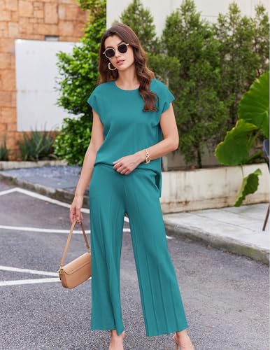 Image of Ekouaer Lounge Sets for Women Two Piece Outfits Knit Cap Sleeve Tops Wide Leg Pleated Pants Casual Dressy Sweater Sets