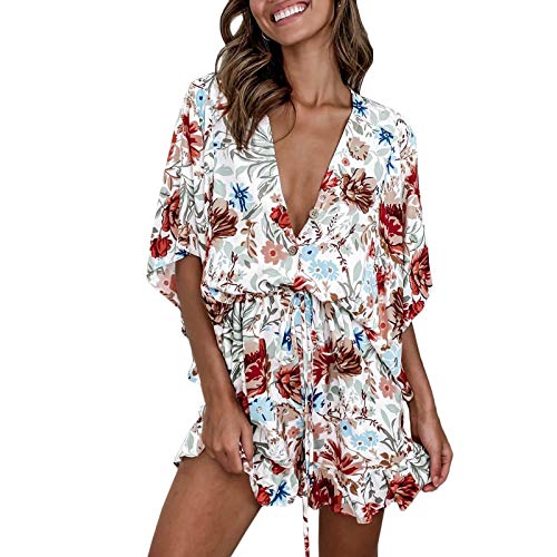 YEMOCILE Women's Bohemian Beach Rompers Floral Printed Button Down Sexy V Neck Half Sleeves Summer Shorts Jumpsuits