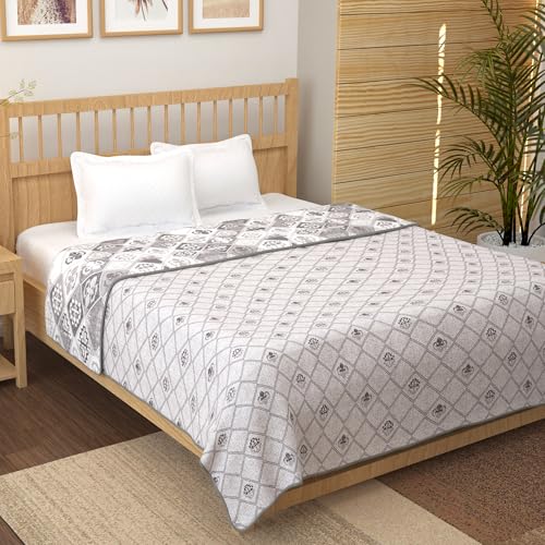Image of Story@Home AC Quilted King Size Bed Cotton 100%| 150GSM 225 x 240 CM Quilt AC Blanket for Summer | AC Comforter Double Bed | White & Pale Mauve, Abstract & Motif Reversible Design| All-Season Blanket