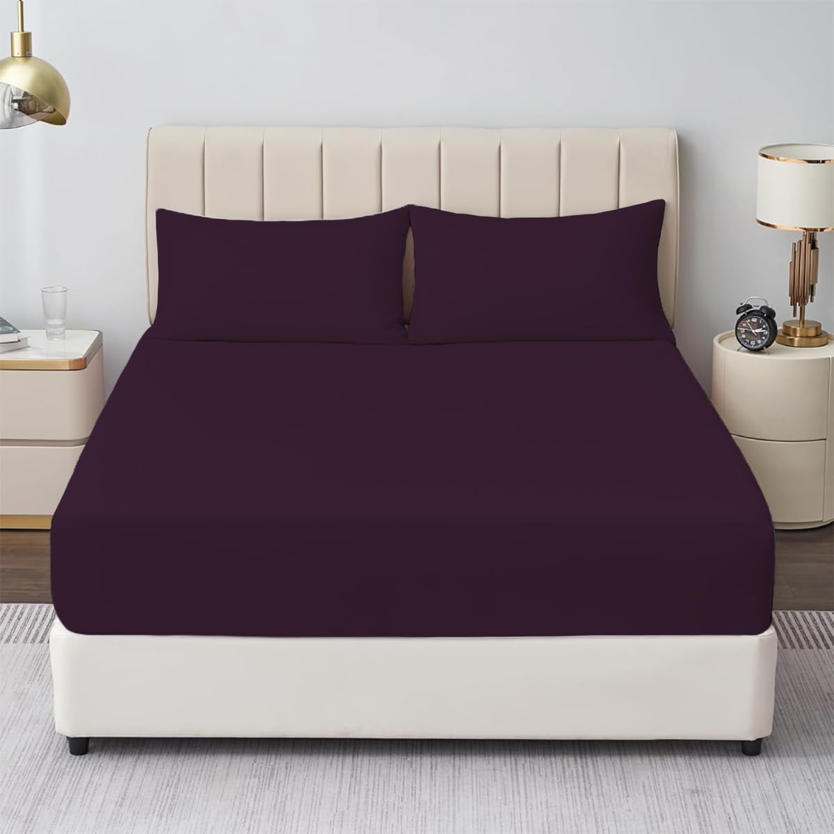 Rohi Plum Rohi® Double Fitted Sheet With Two Pillowcases – 25Cm Depth – Pure Polycotton Plain Bedding (Double Fitted Sheet & Pillowcases, )