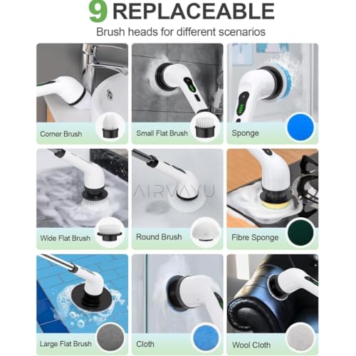 Image of Powerful Electric Spin Scrubber with Extendable Handle, 2-Speed Cordless, 9 Multi-Surface Brush Heads, 90Mins Work Time, 3 Adjustable Size, Rechargeable Cleaning Tool for Bathroom Tiles, Tub & Floors.