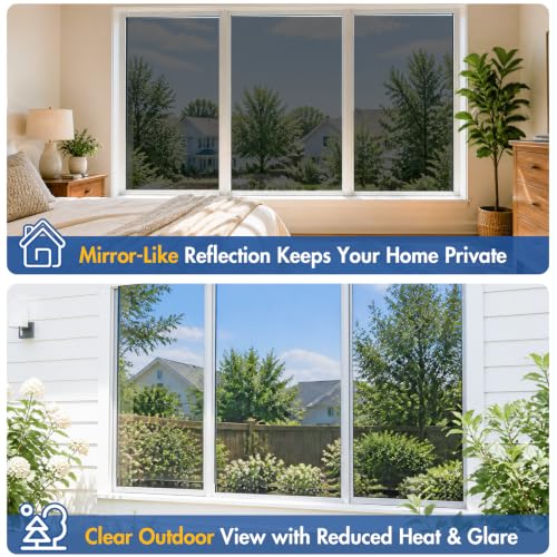Image of Coavas One Way Privacy Window Film,Daytime Window Tint for Home, Reflective Mirror Glass Window Film See Out Not in,Heat UV Blocking Anti-Glare Window Covers with 3 Tools, 35.4 x 197 Inch, Black