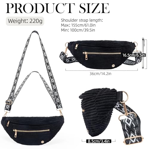 Image of MAXTOP Black Crossbody Bags for Women Corduroy Fanny Packs for Women Vintage Sling Waist Bag with Geometric Wide Strap Fashion Shoulder Bag Lightweight Belt Bag for Travel Casual Outdoors