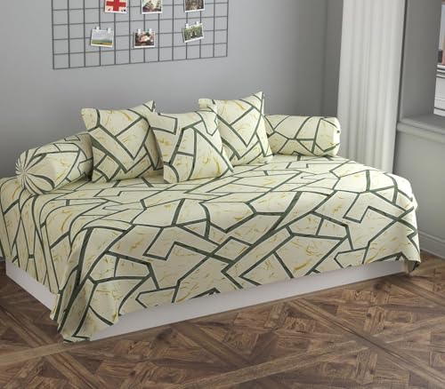 Image of NHD HOME diwan Set for Living Room, diwan Set Covers Glace Cotton, diwan Set 6 Pieces (1 Diwan Sheet (Bedsheet), 3 Cushion Covers, 2 Bolster Covers) (Color- Grey & Beige) Zigzag Print