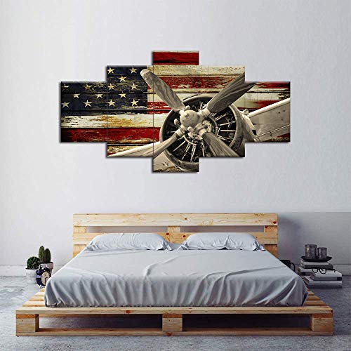 Viivei Vintage American Us Usa Flag Fighter Bomber Head Propelle Canvas Wall Art Prints Retro Warplanes Home Decor Pictures 5 Panel Poster Military Aircraft Painting Framed Ready To Hang (60" Wx32 H) #TOP2