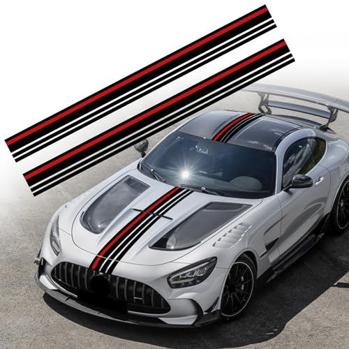 Image of TOMALL 2-Pc 85.8''x7'' Vinyl Racing Stripe Decals Sets for Car Hood Roof Trunk Auto Sports Stripe Graphics Modified Stickers for Vehicle SUV Off-Road DIY Exterior Decoration Accessories (Black /Red)