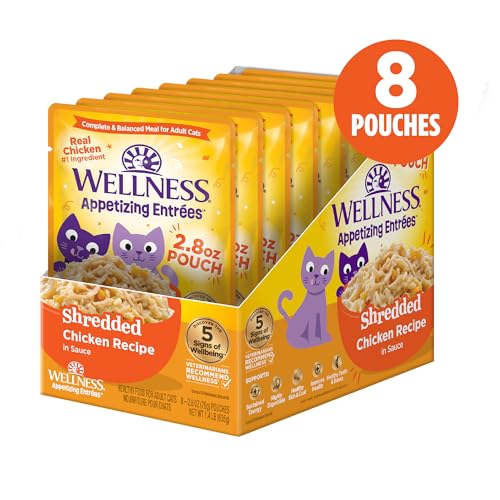 Image of Wellness Appetizing Entrees Shredded Adult Wet Cat Food, Natural, Protein Rich, Grain Free, Chicken Recipe, 2.8 oz, Pack of 8 Pouches