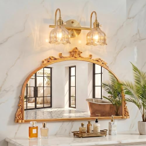 Image of Bathroom Light Fixtures, 3-Light Brass Vanity Wall Light with Amber Tulip Glass Shades, Vintage Wall Sconce Over Mirror for Bathroom, Bedroom, Living Room (Bulbs Not Included) (Amber, 2-Light)