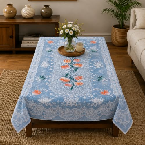 Image of STITCHNEST Florenza Blue Cotton Net Table Cover 40x60 Inches