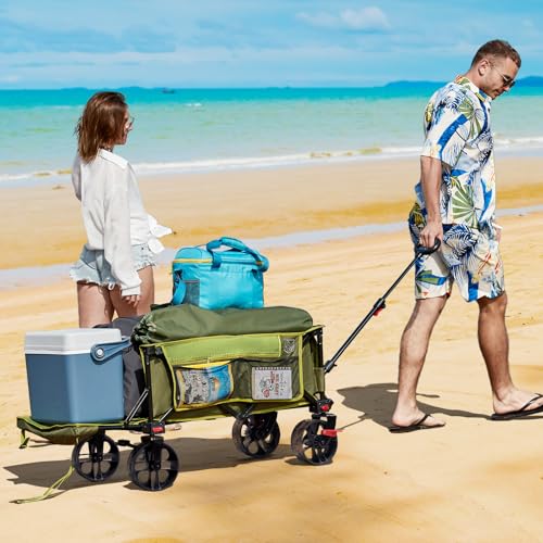 Image of TIMBER RIDGE Beach Wagon with Tailgate, 300 lbs Heavy Duty Collapsible Wagon with All-Terrain Big Brakes Wheels, Foldable Utility Cart for Sand Sports Shopping, Green
