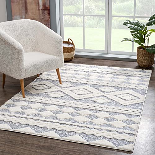 carpet city Teppich Hochflor Wohnzimmer - 120x170 cm - Landhaus-Stil Ethno Grau Creme - Cut-Loop,...