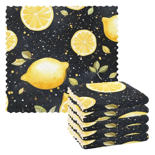 ALAZA Lemon on Black Background Kitchen Towels Dish Cloths Absorbent Soft Dishcloths Kitchen Table Cleaning Cloths 11x11 Inches, Set of 6