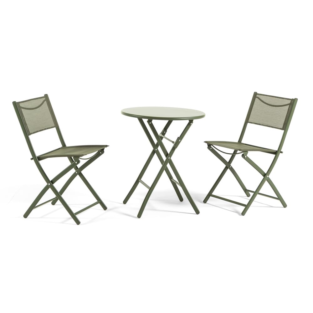 UBERTI. Set Bistrò Pieghevole Balcone Tavolino Rotondo Metallo 2 Sedie Metallo Textilene Verde Oliva