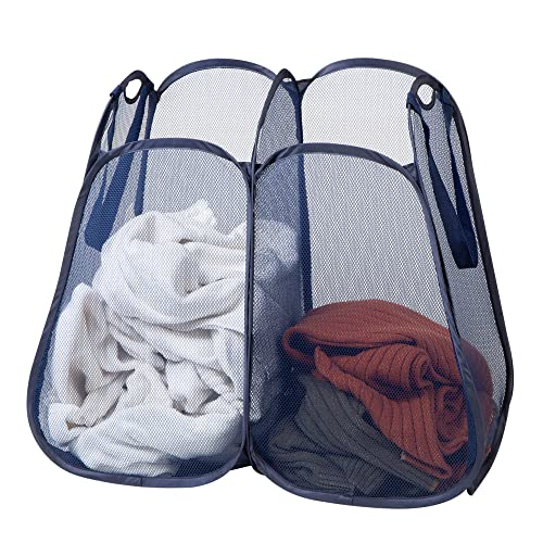 Smart Design Deluxe Mesh Pop Up 2 Compartment Laundry Sorter Hamper - Ventilair Fabric Collapsible Design - For Clothes And Laundry - Home Organization Holds 4 Loads - 29 X 14.5 Inch - Blue #TOP20