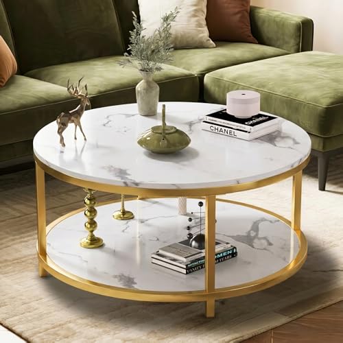 Image of 36 inch Round Gold Coffee Table, 2-Tier Modern White Marble Living Room Center Table with Storage Shelf, Faux Marble Top Cocktail Table, Luxury Circle Tea Table for Contemporary Home Furniture, White