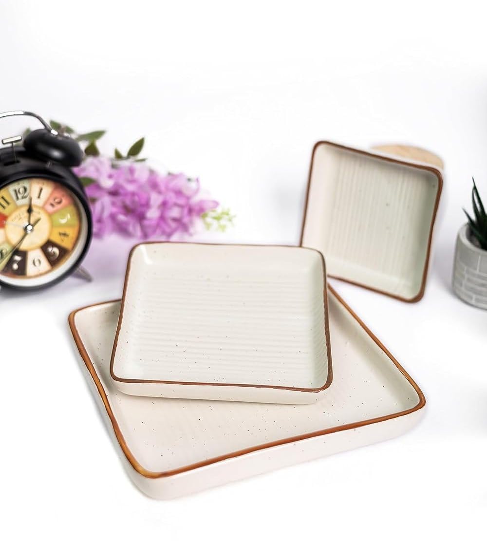 Lupaava Ceramic Platters Set of 3 | Square Platters | White Base with Dotted Design | (White & Brown)