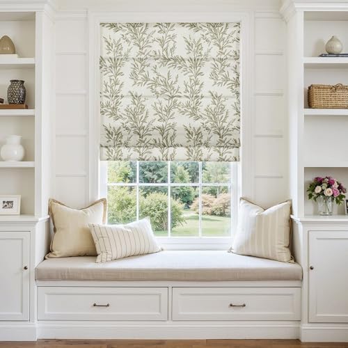Image of TWOPAGES No Drill Cordless Vintage Leaf Print Roman Shades Linen Textured Roman Blinds for Windows, Custom Made Room Darkening Light Filtering Roman Window Shades, Stone, 1 Piece