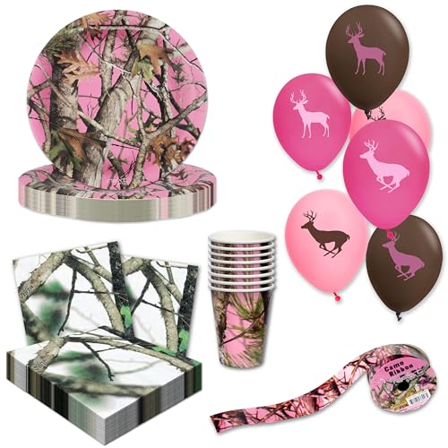 Serviettes et gobelets camouflage rose avec invitations fête 16 personnes