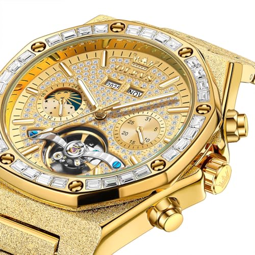 Image of OLEVS Automatic Watch for Men 44MM Large Dial Frosted Gold Octagon Self-Winding Diamond Waterproof Stainless Steel Wrist Watches Tourbillon Skeleton Mechanical