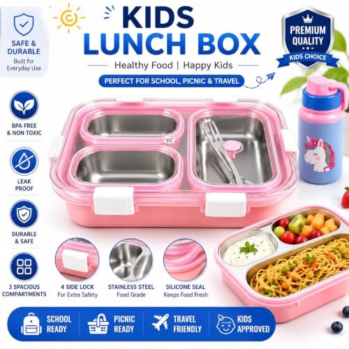 Image of Stainless Steel Lunch Box 3 Compartment with Spoon Leakproof Tiffin Box for Kids Adults Office School | Food Grade Rust Free Metal Dabba Storage Container Pink