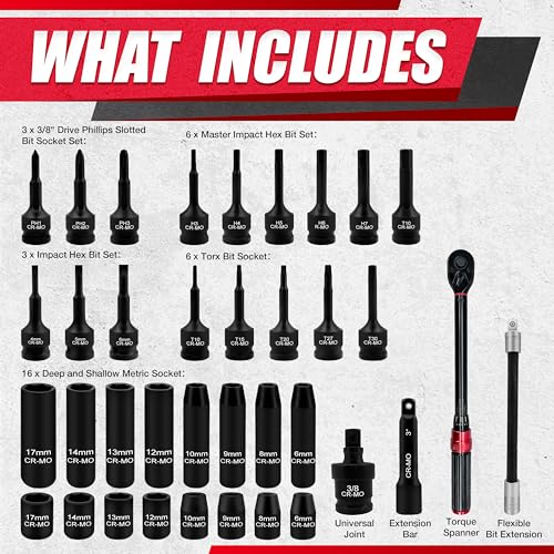 38Pcs 3/8" Deep and Shallow Impact Socket Set,Torx Bit, Phillips Slotted Bit Socket Set,Including Extension Bar, Flexible Bit Extension,Torque Spanner,U-Joint,Cr-Mo Steel