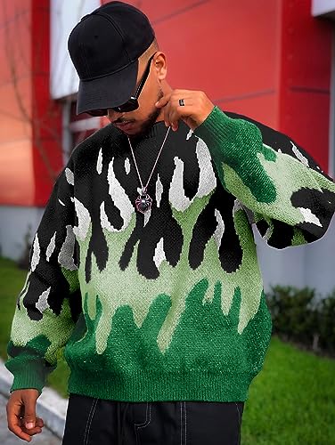 ZAFUL Men's Oversized Sweater Y2K Aesthetic Flame Graphic Crewneck Knit Pullover Unisex Casual Sweaters2