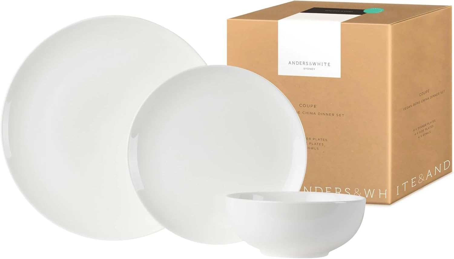 Anders and White 'Coupe' - White Vegan Friendly Bone China Dinner Set. 12 Pieces Dinnerware Set. Contains 4X Dinner Plates, Side Plates and Bowls.