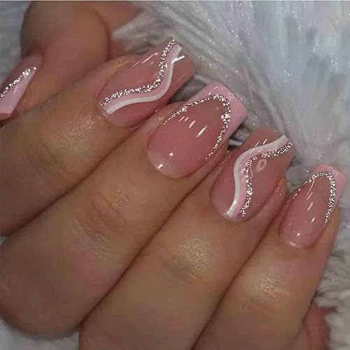 Foccna Uñas postizas francesas a presión con forma de ataúd, diseño de remolinos rosados, lindas uñas postizas para mujeres, medianas y largas, uñas