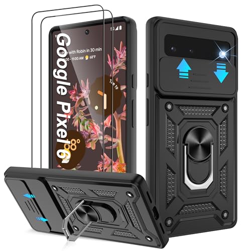 Pilaru for Google Pixel 6 Case with 2 Pack Screen Protector Military Grade Shockproof Cover with Camera Protective Ring Stand Phone Case for Google Pixel 6 Black