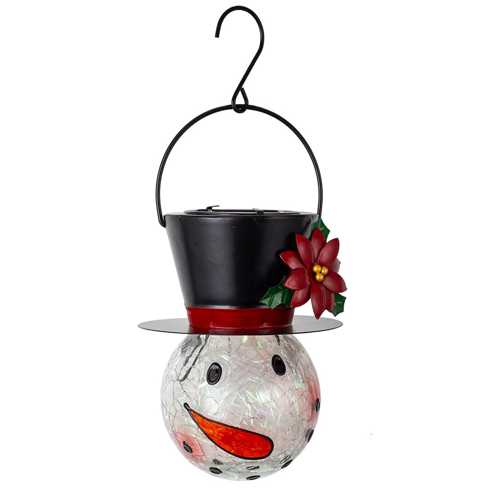 Photo 1 of ***ITS NOT SHATTERED THIS IS PART OF THE DESIGN*******Viveta Christmas Solar Lantern, Outdoor Hanging Lantern Crackle Glass Snowman Solar Lights for Garden Patio Yard Decor -Red Flower
