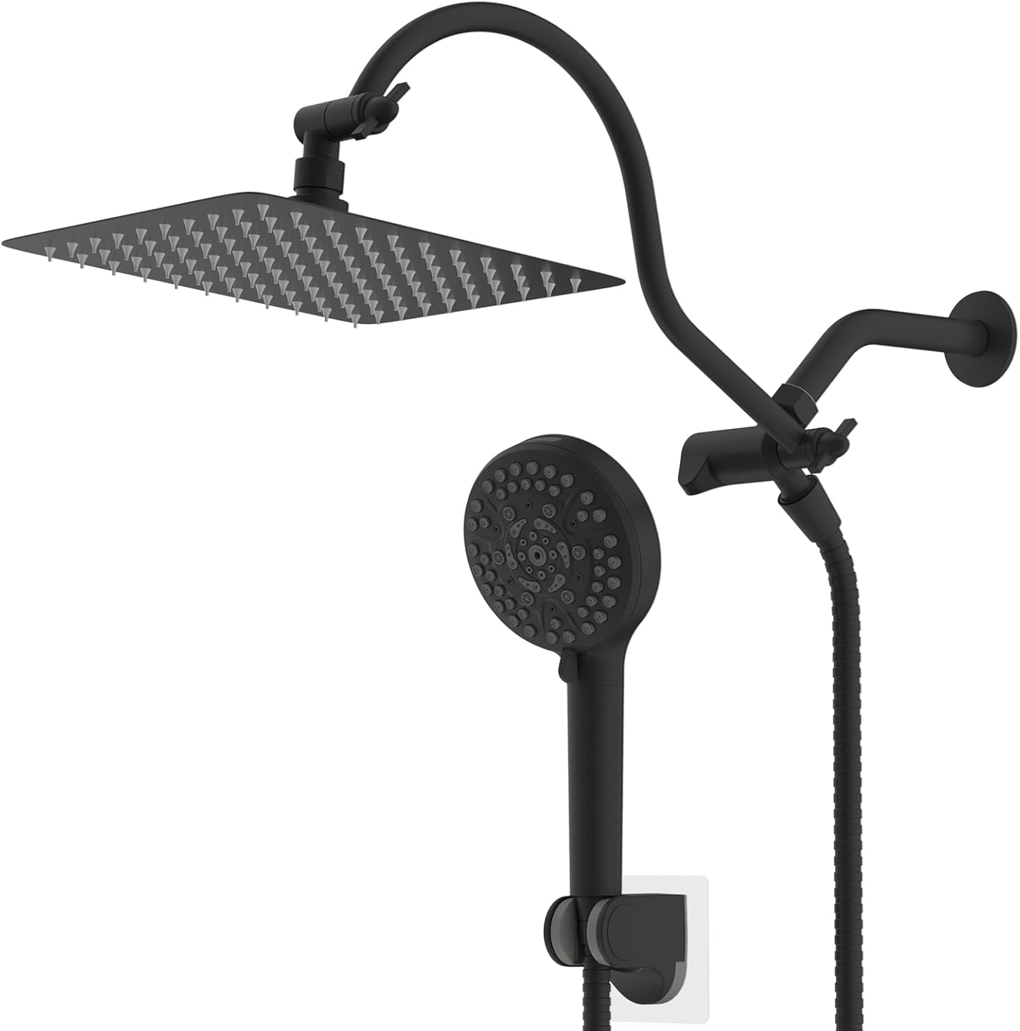 Hibbent 6 Inch Shower Arm with Flange, All Metal High Pressure Rainfall 10 Inch Shower Head/Handheld Showerhead Combo, 12 Inch Adjustable Curved Shower Extension Arm, Matte Black