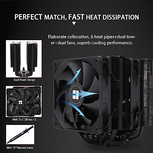 Thermalright PA120 Black CPU Air Cooler Dual Towers AGHP Technology 6 heatpipes,with TL-C12B PWM Fan Air Cooling for Intel 1151/1155/1200/2011/1700,AMD:AM4/AM5, 157mm Height PC Cooling 3