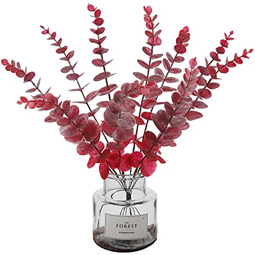 Image of Tinsow Real Touch Leaf Artificial Eucalyptus Stem Faux Eucalyptuses Wedding Bouquet Centerpiece Home Decor (26, Red)