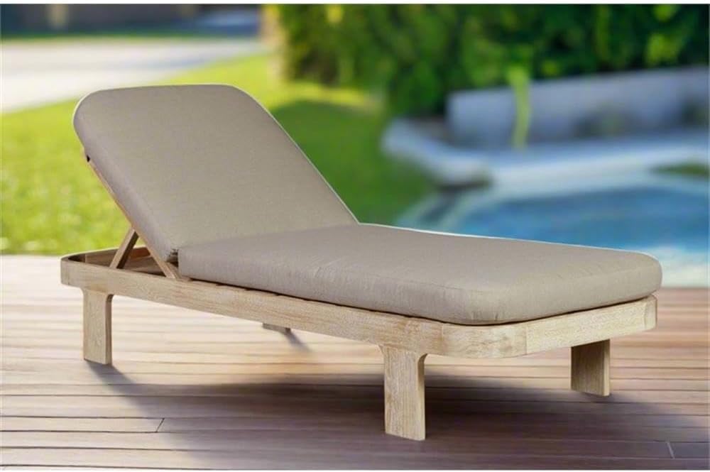 Pemberly Row Outdoor Solid Teak Wood Sun Lounger, Grey Cushions, Whitewash Finish, Weather-Resistant Contemporary Patio Furniture for Poolside or Outdoor Relaxation