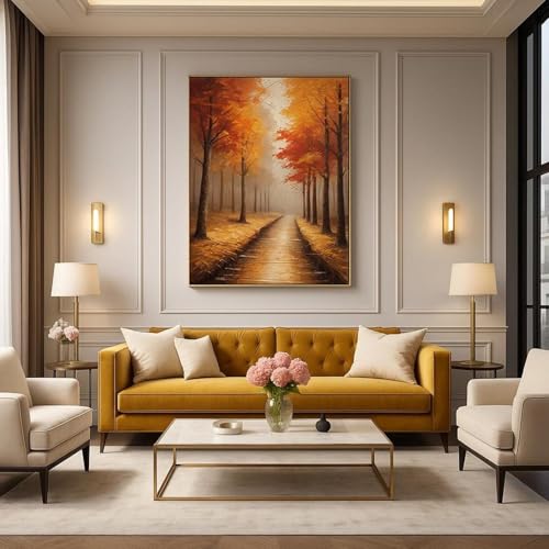 Chemin d'automne dore toile rustique paysage foret decoration maison