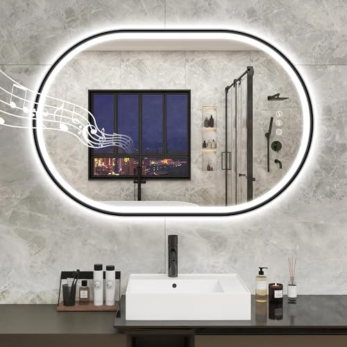 STARLEAD 24"x36" Black Frameless Oval LED Bathroom Mirror with Bluetooth Speaker, Dimmable Lighting, 3 Color Modes, Anti-Fog, Touch Control Wall Mount