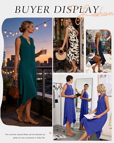 Image of AUSELILY Womens Summer Midi Dress V Neck Sleeveless Casual with Pockets | Flowy womens summer dress with asymmetrical hem, great for beach, vacation and daily wear
