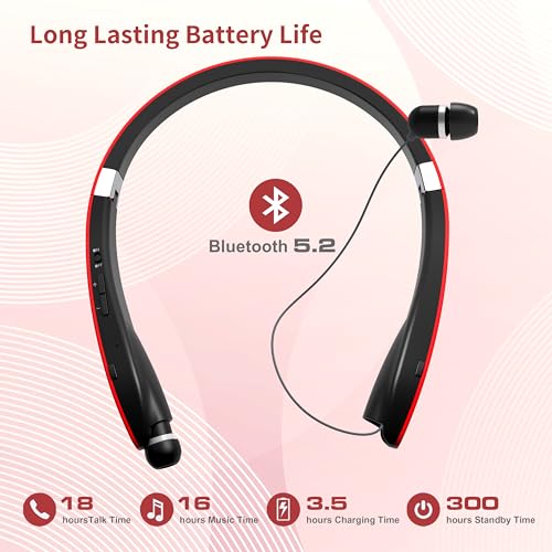Image of Bluetooth Neckband Headphones, Foldable Wireless Lightweight Neck Headset with Retractable Earbuds, Noise Cancelling Sweatproof Stereo Earphones with Mic & Carrying Case (Red)